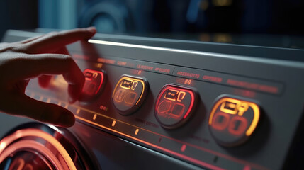 A person touching a button screen on a washing machine