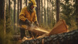 A man is cutting wood in the forest with a chainsaw