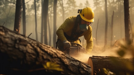 A man is cutting wood in the forest with a chainsaw