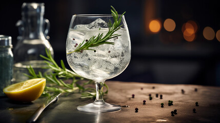 Wall Mural - Tasty Gin and Tonic with Gin Tonic Water Lime Ice Cubes served on a table top ultra detailed studio lights on dark  background product photo for restaurant generative ai