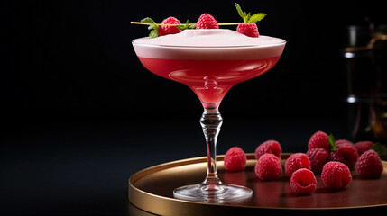 Wall Mural - Tasty French Martini with Vodka Raspberry Liqueur Pineapple Juice served on a table top ultra detailed studio lights on dark  background product photo for restaurant generative ai