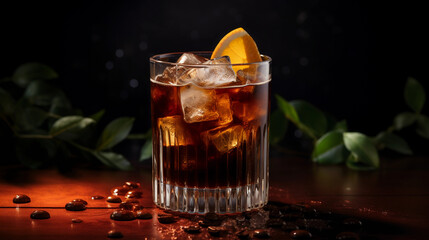 Wall Mural - Tasty Black Russian with Vodka Kahlua served on a table top ultra detailed studio lights on dark  background product photo for restaurant generative ai