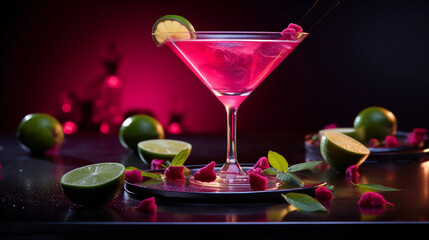 Wall Mural - Tasty Cosmopolitan with Vodka Cranberry Juice Lime Juice Triple Sec served on a table top ultra detailed studio lights on dark  background product photo for restaurant generative ai