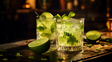 Tasty Caipirinha with Cacha�a Limes Sugar served on a table top ultra detailed studio lights on dark  background product photo for restaurant generative ai
