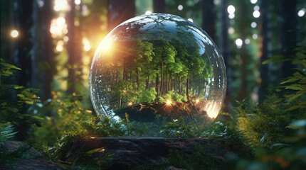 a big crystal ball full of green trees with nature and life inside the crystal vola, in the middle of a post-apocalyptic burning world, 4k, qhd, hyper-realistic, full of details