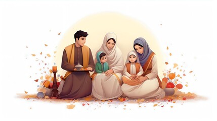 illustration of a Muslim family enjoying Eid Mubarak with traditional Muslim attire and white background