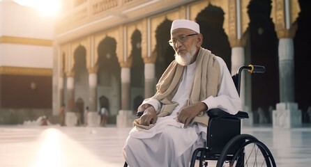 Wall Mural - Muslim old man with dissability sitting in wheelchair and holding Quran with view of Kaaba