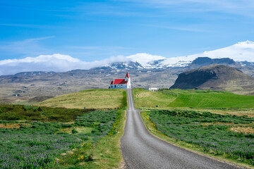 Wall Mural - Road leading up to a pretty white and red roof church on the Snæfellsnes peninsula in Iceland.