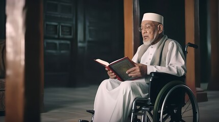 Wall Mural - Muslim old man with dissability sitting in wheelchair and holding Quran with view of Kaaba