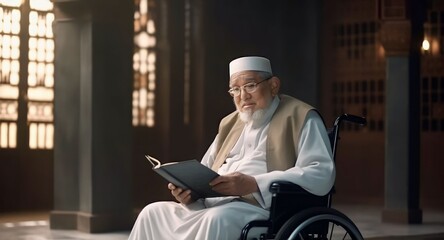 Wall Mural - Muslim old man with dissability sitting in wheelchair and holding Quran with view of Kaaba