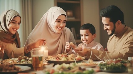 Wall Mural - Muslim family eating food and enjoying together in happiness in the living room