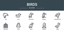 Set Of 10 Outline Web Birds Icons Such As Kiwi, Duck, Kingfisher, Hornbill, Mandarin Duck, Bird Cage, Chick Vector Icons For Report, Presentation, Diagram, Web Design, Mobile App