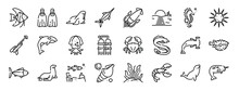 Set Of 24 Outline Web Sea Life Icons Such As Anglerfish, Flippers, Walrus, Swordfish, Squid, Sun, Seahorse Vector Icons For Report, Presentation, Diagram, Web Design, Mobile App