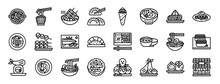 Set Of 24 Outline Web Japanese Food Icons Such As Sukiyaki, Natto, Oden, Gyoza, Temaki, Donburi, Sashimi Vector Icons For Report, Presentation, Diagram, Web Design, Mobile App
