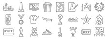 Fame Line Icons. Linear Set. Quality Vector Line Set Such As Movie, Flower Bouquet, Yacht, Vip, Hall Of Fame, Autograph, Wreath, Gold, Monument