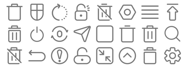interface line icons. linear set. quality vector line set such as settings, up arrow, unlock, trash, trash, repeat, upload, trash, shield