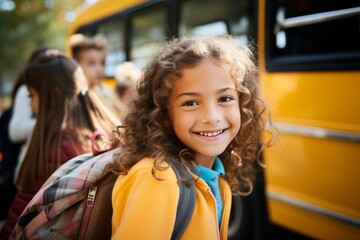 Sticker - Girl on a blurred background of the bus. Back To School concept. Background with selective focus