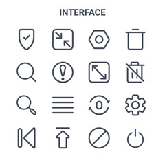 set of 16 interface concept vector line icons. 64x64 thin stroke icons such as minimize, search, trash, repeat, upload, power, stop, wide, trash