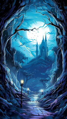 Digital illustration, fairy tale scenery, huge magic path, full moon in a magical blue night sky. Mystical Gothic castle in a fantasy tale. Vertical fairytale background for Halloween cover and poster