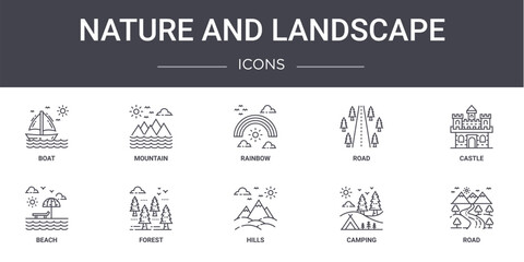 nature and landscape concept line icons set. contains icons usable for web, logo, ui/ux such as mountain, road, beach, hills, camping, road, castle, rainbow
