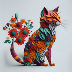 colorful kirigami cat with flowers