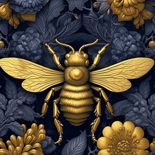 3d Beautiful Gold And Yellow Bee On A Beautiful Detailed Yellow Flowers Navy Blue And Gold Honeycomb, Seamless. Ai Generated.