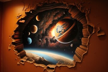 Wall Mural - space-themed poster on a brick wall with a hole. generative ai