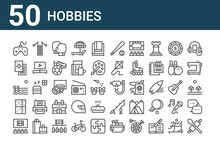 Set Of 50 Hobbies Icons. Outline Thin Line Icons Such As Cooking, Cinema, Domino, Swimming Pool, Poker Cards, Knitting, Scuba Diving