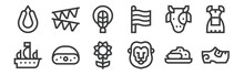 12 Set Of Linear Holland Icons. Thin Outline Icons Such As Clogs, Lion, Cheese, Cow, Braid, Garland For Web, Mobile.