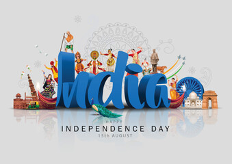 happy independence day india greetings. 3d blue letter with indian elements. abstract vector illustr