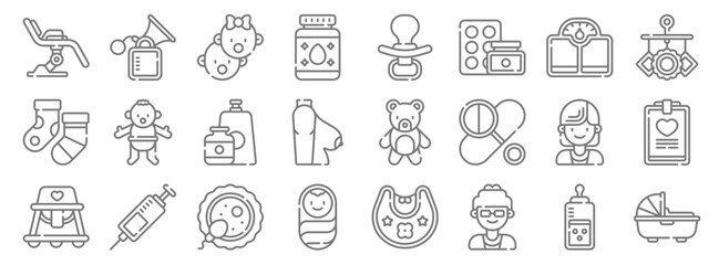 maternity line icons. linear set. quality vector line set such as carrycot, doctor, baby boy, baby walker, gynecologist, baby food, crib toy, pacifier, breast pump