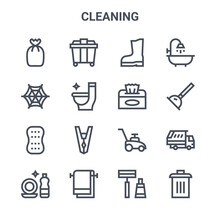 Set Of 16 Cleaning Concept Vector Line Icons. 64x64 Thin Stroke Icons Such As Dumpster, Spider Web, Plunger, Lawn Mower, Towel, Trash Bin, Shaver, Tissue, Shower