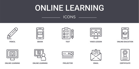 online learning concept line icons set. contains icons usable for web, logo, ui/ux such as ebook, video lesson, online learning, projector, email, certificate, online education, test