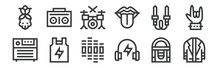 12 Set Of Linear Rock And Roll Icons. Thin Outline Icons Such As Leather Jacket, Headphone, Tshirt, Audio Jack, Drum Set, Boombox For Web, Mobile.