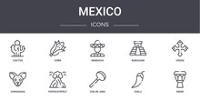 Mexico Concept Line Icons Set. Contains Icons Usable For Web, Logo, Ui/ux Such As Corn, Kukulkan, Chihuahua, Coa De Jima, Chilli, Drum, Cross, Mariachi