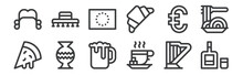 12 Set Of Linear Europe Icons. Thin Outline Icons Such As Whiskey, Tea Cup, Vase, Euro, European Union, Spanish Hat For Web, Mobile.