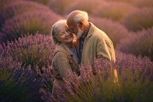 Senior Couple Hugging In Lavender Fields, France, At Sunrise. Generate Ai