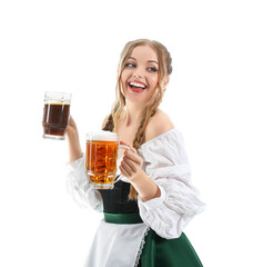 Beautiful Octoberfest waitress with beer on white background