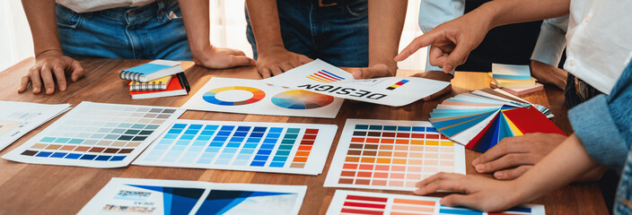 Aufkleber - Graphic designer brainstorm logo and graphic art at busy creative studio workshop. Experiment and brainstorm color palette and pattern at workspace table for creative design. Panorama shot. Scrutinize