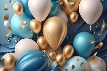 Bunch of blue and gold balloons with ribbons on bokeh background. Confetti. Generative AI technology