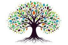 Tree Of Life With Leaves, Vector Illustration Of A Colorful Tree With Roots