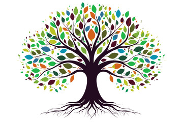 Tree of life with leaves, vector illustration of a colorful tree with roots