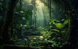 Fototapeta Na ścianę - Mysterious tropical rainforest glows with lush greenery
