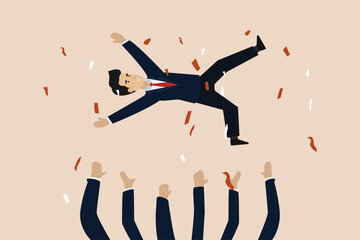 Wall Mural - Job promotion celebration, winning prize, success in work or goal achievement congratulation party concept, joyful company colleagues throwing their happy boss into the air celebrating team success. 