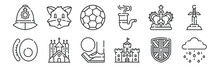 12 Set Of Linear England Icons. Thin Outline Icons Such As Rainy, Castle, Church, Crown, Football, Fox For Web, Mobile.