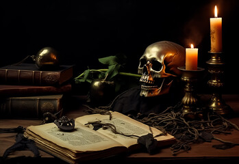 Wall Mural - Mysterious still life Voodoo Black magic with burning candles, skull, grimoire book and tarot cards on witch table. Esoteric, gothic and occult background, Halloween mystic concept.