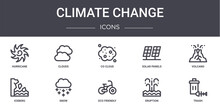 Climate Change Concept Line Icons Set. Contains Icons Usable For Web, Logo, Ui/ux Such As Clouds, Solar Panels, Iceberg, Eco Friendly, Eruption, Trash, Volcano, Co Cloud