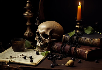 Wall Mural - Mysterious still life Voodoo Black magic with burning candles, skull, grimoire book and tarot cards on witch table. Esoteric, gothic and occult background, Halloween mystic concept.