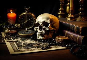 Wall Mural - Mysterious still life Voodoo Black magic with burning candles, skull, grimoire book and tarot cards on witch table. Esoteric, gothic and occult background, Halloween mystic concept.