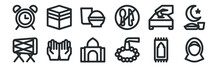 Set Of 12 Thin Outline Icons Such As Avatar, Beads, Praying, Charity, Food, Mecca For Web, Mobile